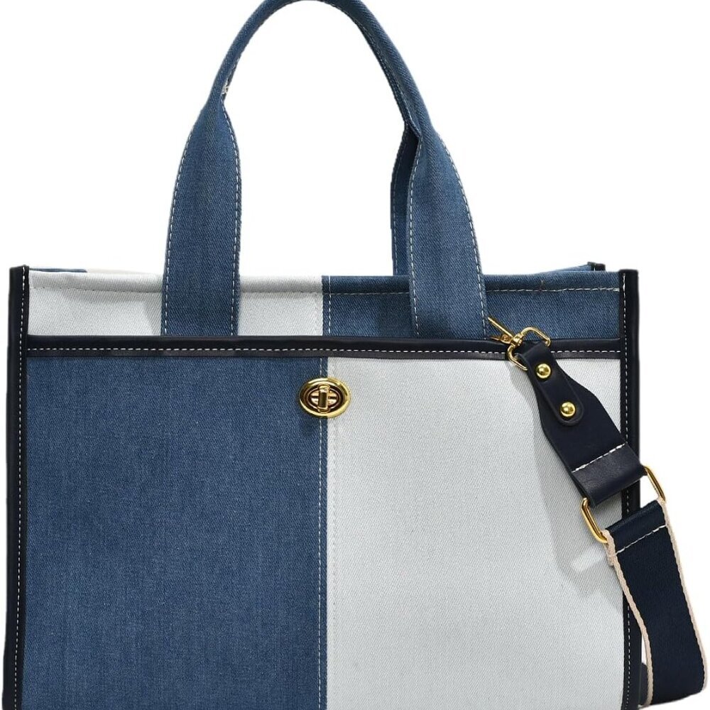 Canvas Denim Tote Bag for Women, Two Tone Splicing, Leather Accents, Medium